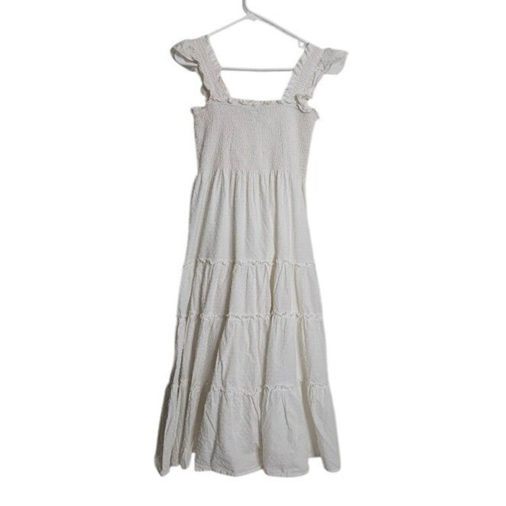 Kourt Womens Medium White Midi Tiered Ruffle Sleeve Dress Smocked Swiss Dot